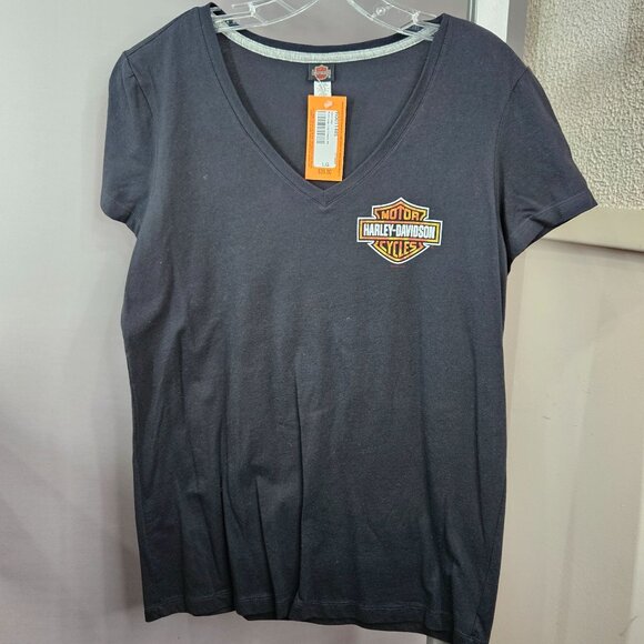 Harley-Davidson V-Neck Shirt Women L Black 100% Cotton Short Sleeve Fire IL NEW - Picture 7 of 11